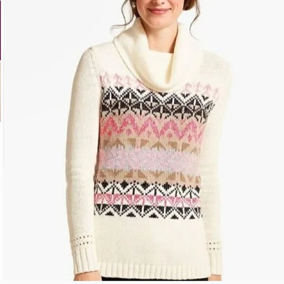 Talbots Chunky Nordic Cowl Turtleneck Tunic Sweater Size M Fair Isle Winter Cozy - Picture 2 of 8